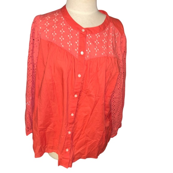 J. Crew Womens BF833 Mixed Media Eyelet Button Shirt Coral pink size XL blouse - Picture 1 of 6